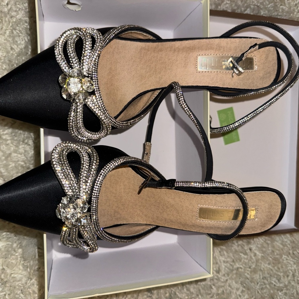 Elegant Black Satin Heels with Silver Accents